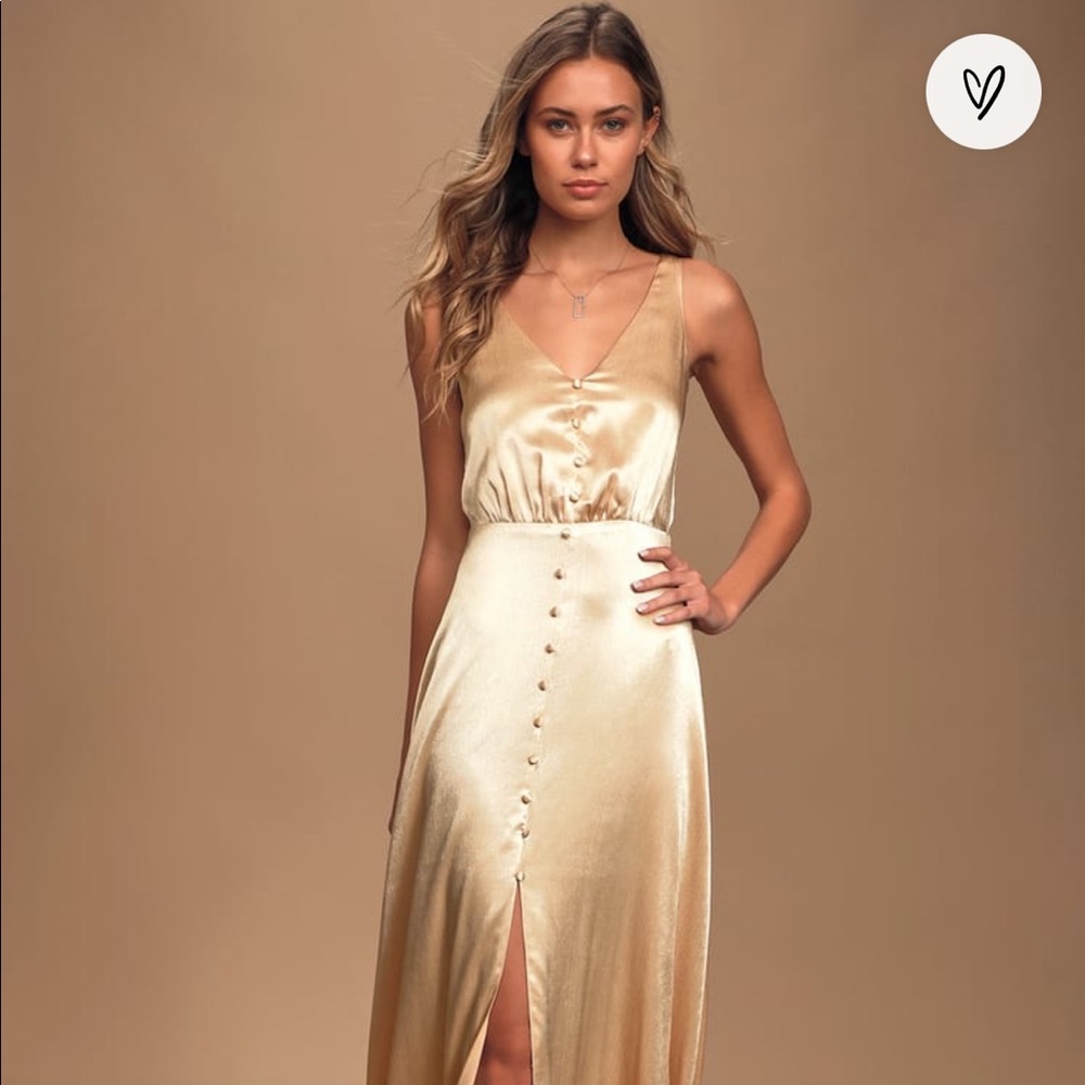 Lulu’s “Total Adoration Champagne Satin Button-Front Maxi Dress”